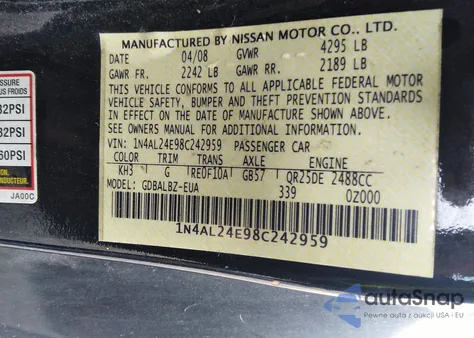 2008 Nissan Altima 2.5 S from USA, damaged, VIN 1N4AL24E98C242959